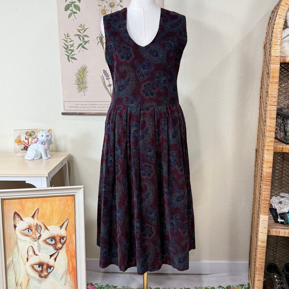 Vintage Paisley Corduroy Midi Jumper Dress Witchy Whimsigoth Grunge Modest M L